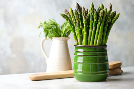 bundle of fresh asparagus leaning against a ceramic pot, created with generative aiの素材