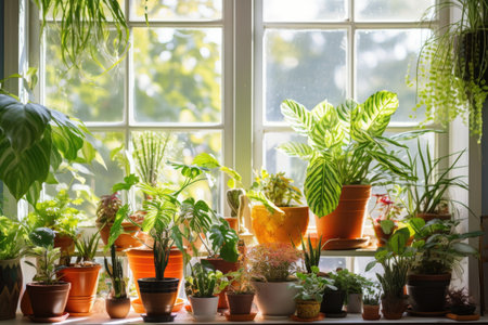 houseplants arranged near a window providing natural light, created with generative aiの素材