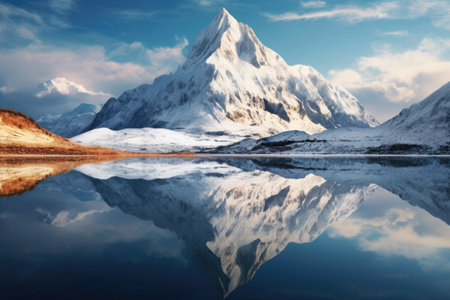 snowy mountain peak reflecting in a transparent lake, created with generative aiの素材