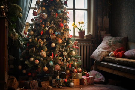 christmas tree with ornaments partially unpacked next to it, created with generative aiの素材