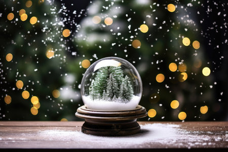 snow globe and evergreen twigs on table, created with generative aiの素材