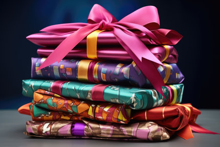 stack of wrapped gifts with colourful bows, created with generative aiの素材