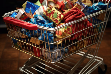 a close up shot of a shopping cart filled with hanukkah stockings, created with generative aiの素材