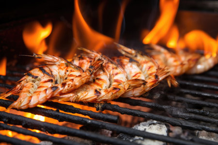 shrimp with grill marks, visibly hot flames underneath, created with generative aiの素材