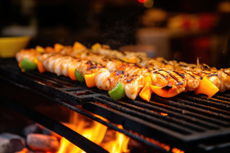 close-up of flaming grill with shrimp turning golden, created with generative aiの素材