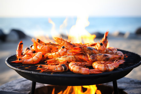 shrimp grilled on open flame under clear sky, created with generative aiの素材