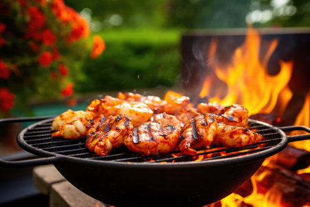 flaming grill with sizzling shrimp in backyard setting, created with generative aiの素材