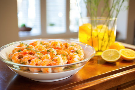 shrimp skewers with garlic infused butter in a glass sauce boat, created with generative aiの素材