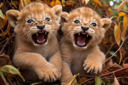 a pair of lion cubs playfully swatting at each other, created with generative aiの素材
