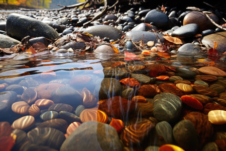 wet pebbles in a clear running stream, created with generative aiの素材