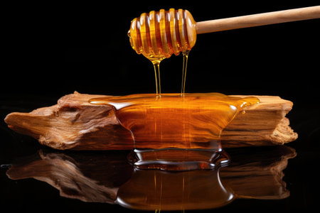 pure honey dripped from a wooden honey dipper, created with generative aiの素材