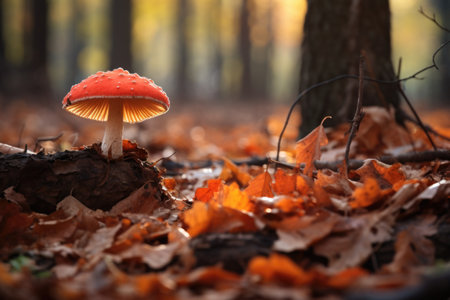 a lone mushroom under autumn foliage, created with generative aiの素材