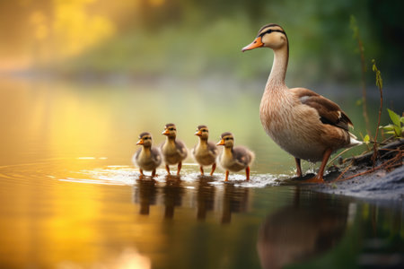 a duck leading its ducklings across a pond, created with generative aiの素材