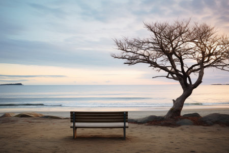 a bench overlooking a tranquil beach, created with generative aiの素材