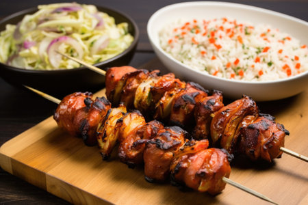 grilled skewers of bacon-wrapped brussels sprouts with side of coleslaw, created with generative aiの素材