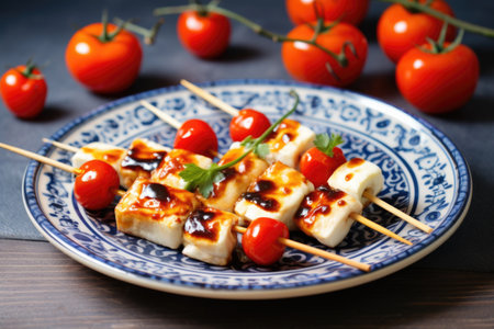 halloumi and cherry tomato skewers on a porcelain plate, created with generative aiの素材