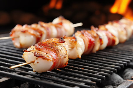 scallop and bacon skewers with a blurred grill background, created with generative aiの素材