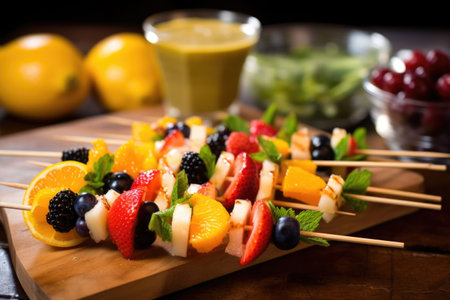 skewers of fresh fruit awaiting a sweet marinade, created with generative aiの素材