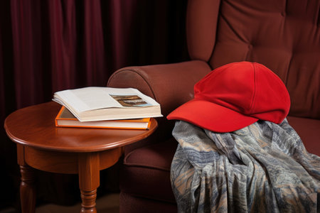 a sleeping cap and a novel on an armchair, created with generative aiの素材