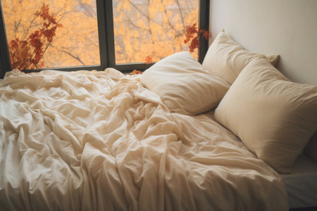 bed with untouched pillows and unruffled sheets, created with generative aiの素材