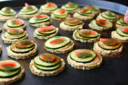sprinkle spices onto cucumber slices topped with hummus by hand, created with generative aiの素材