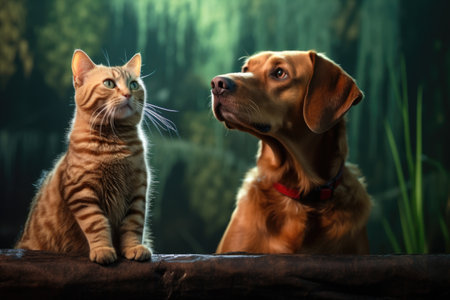 a cat and a dog sitting near each other, both looking sideways, created with generative aiの素材