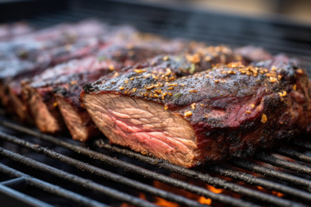 close-up of smoked beef brisket on a grill, created with generative aiの素材