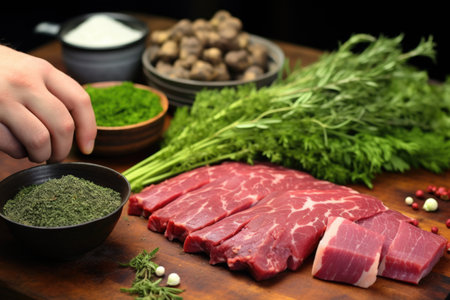 hand placing fresh herbs next to smoked beef brisket, created with generative aiの素材