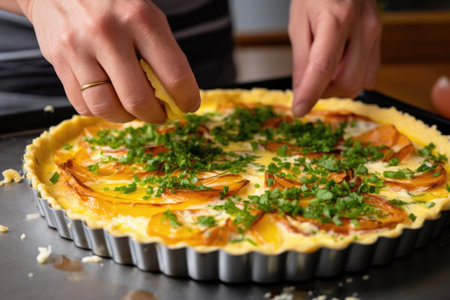 hand layering smoked cheese slices in a quiche, created with generative aiの素材