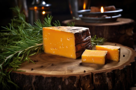 smoked cheddar in rustic wood setting, created with generative aiの素材