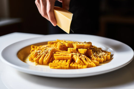 hand grates smoked cheese on pasta in a white dish, created with generative aiの素材