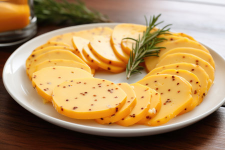 sliced smoked cheese with holes on a white plate, created with generative aiの素材