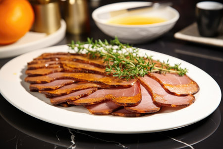 smoked duck slices served on a ceramic platter, created with generative aiの素材