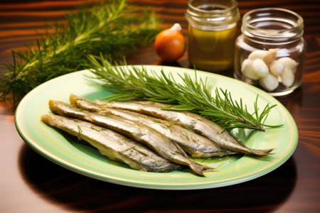 smoked herring with fresh rosemary on green dishware, created with generative aiの素材