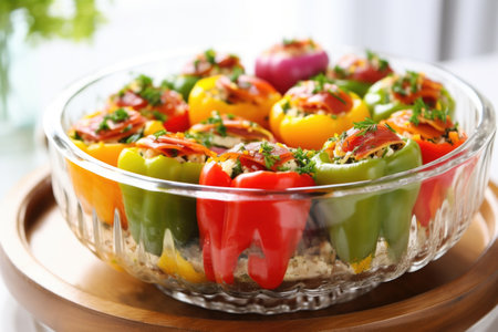 clear glass dish full of colorful smoked stuffed peppers, created with generative aiの素材