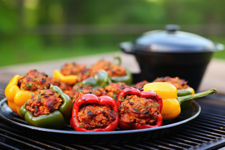 plate of smoked stuffed peppers next to a smoky bbq pit, created with generative aiの素材