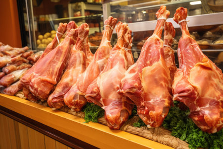 display of smoked turkey legs in a market, created with generative aiの素材