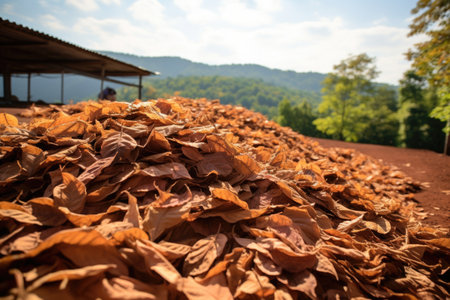 pile of raw tobacco leaves drying in the sun, created with generative aiの素材