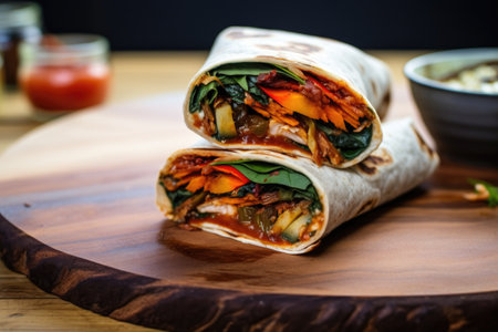 smoky bbq veggie wrap with golden tortilla veneer, created with generative aiの素材