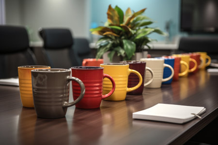 coffee mugs on a corporate meeting table, created with generative aiの素材