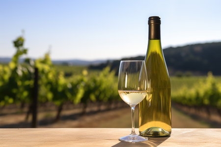 sparkling wine bottle with vineyard background, created with generative aiの素材