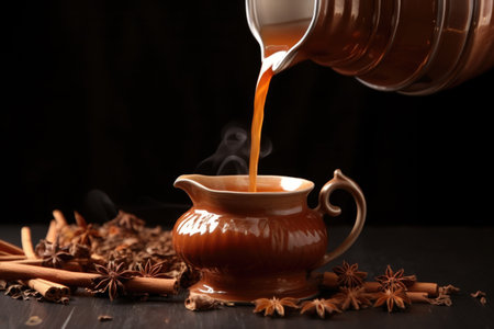 hand pouring chai from a high teapot, creating splash, created with generative aiの素材