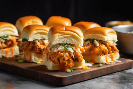 juicy bbq pork sliders with spicy aioli on a slate serving board, created with generative aiの素材
