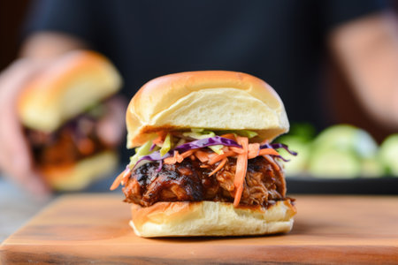 hand holding finishing spicy bbq pork slider against grill backdrop, created with generative aiの素材