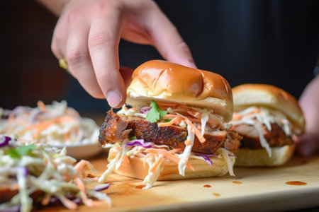 hand piling coleslaw onto a spicy pork slider, created with generative aiの素材