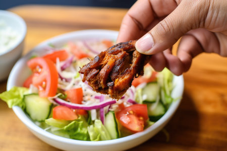 hand holding a chili marinated wing over a bite-sized salad, created with generative aiの素材