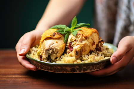 a hand holding a serving dish with cooked stuffed chicken, created with generative aiの素材