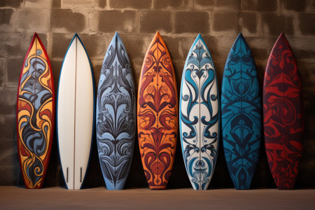 surfboards of various colors and designs leaning on a wall, created with generative aiの素材