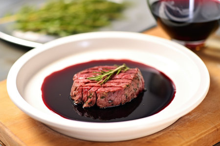 saucer filled with red wine reduction ready to baste steak, created with generative aiの素材