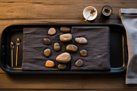 top-down view of a hot stone therapy set-up on a spa table, created with generative aiの素材